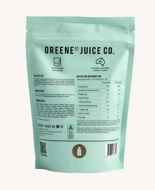 Green packaging of Greene St Juice Co. with nutrition information and QR code on a white background