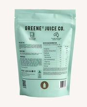 Green packaging of Greene St Juice Co. with nutrition information and QR code on a white background